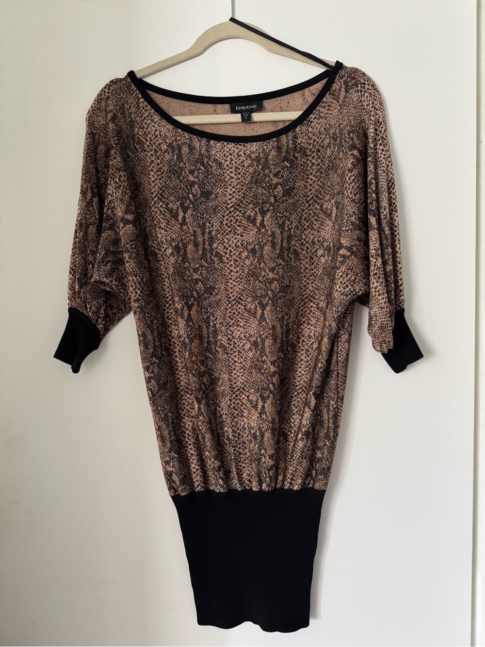 bebe Brown Snake-Print Dolman Sleeve Mini Sweater Dress with Black Trim